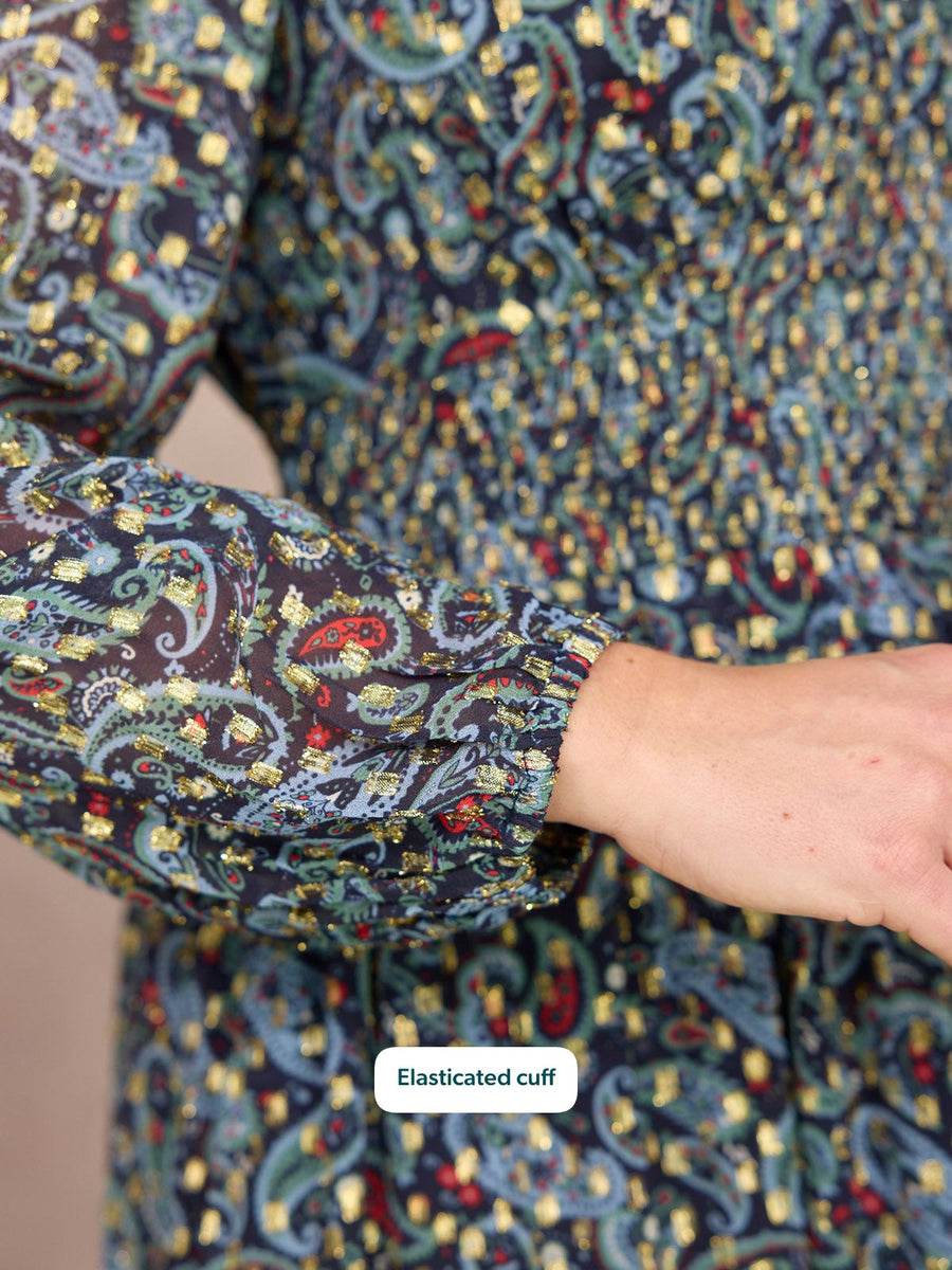 Maddie Long Sleeve V-Neck Dress - Paisley Print with Lurex