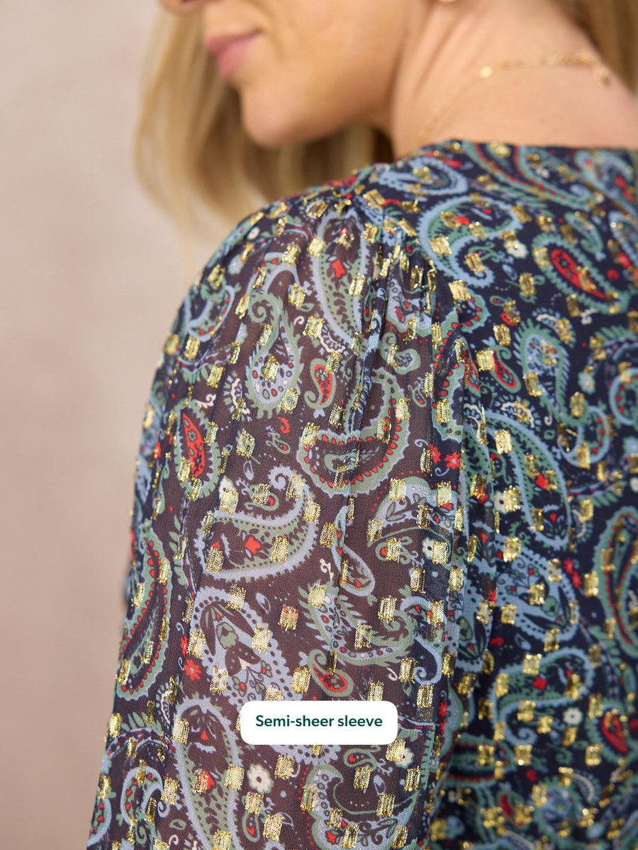 Maddie Long Sleeve V-Neck Dress - Paisley Print with Lurex