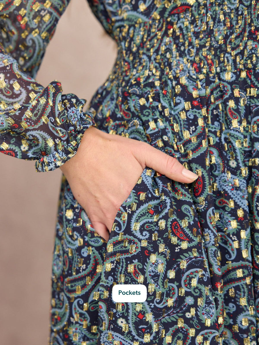 Maddie Long Sleeve V-Neck Dress - Paisley Print with Lurex