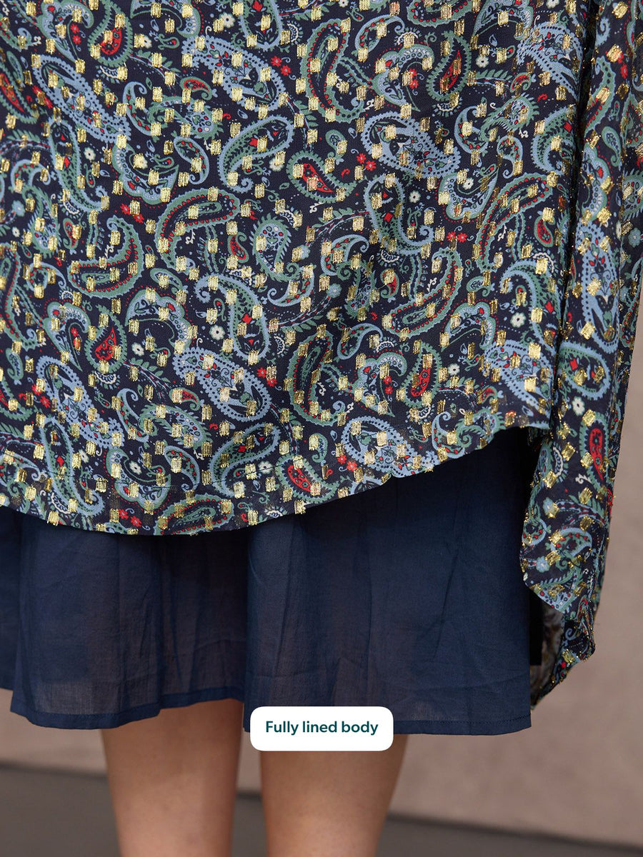 Maddie Long Sleeve V-Neck Dress - Paisley Print with Lurex