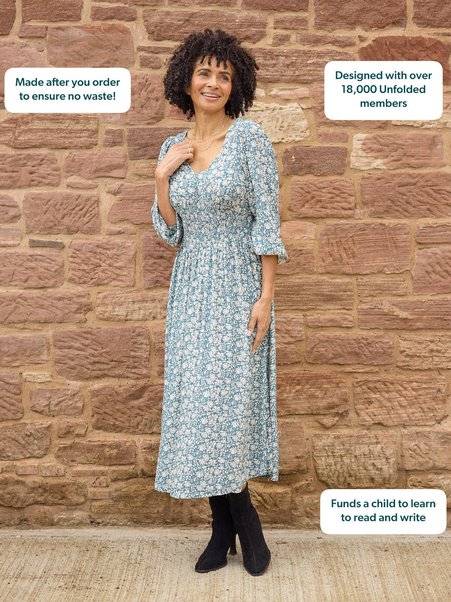 Maddie Long Sleeve V-Neck Dress - Teal Leaf Print