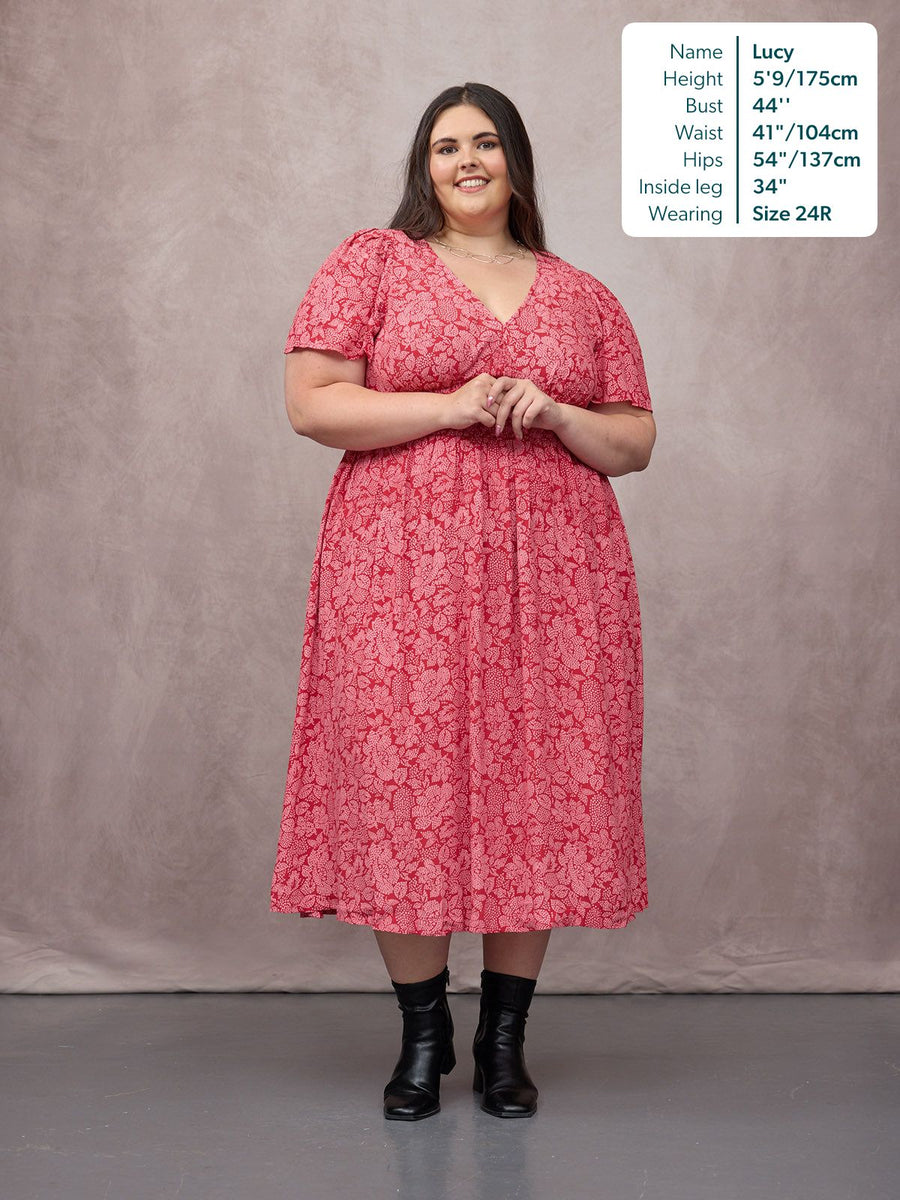 Maddie Short Angel Sleeve Dress -  Red & Pink Abstract Flower Print