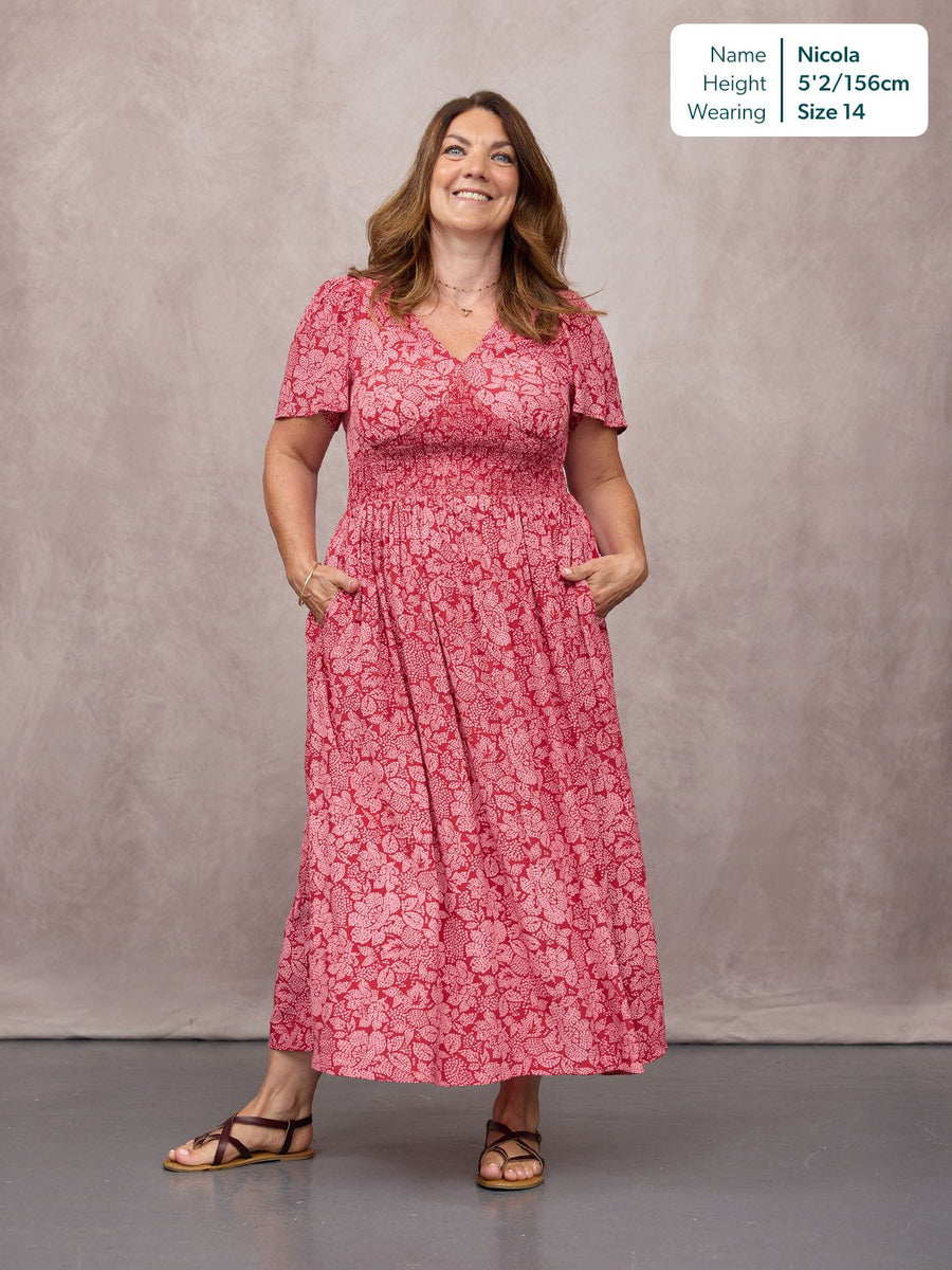 Maddie Short Angel Sleeve Dress -  Red & Pink Abstract Flower Print