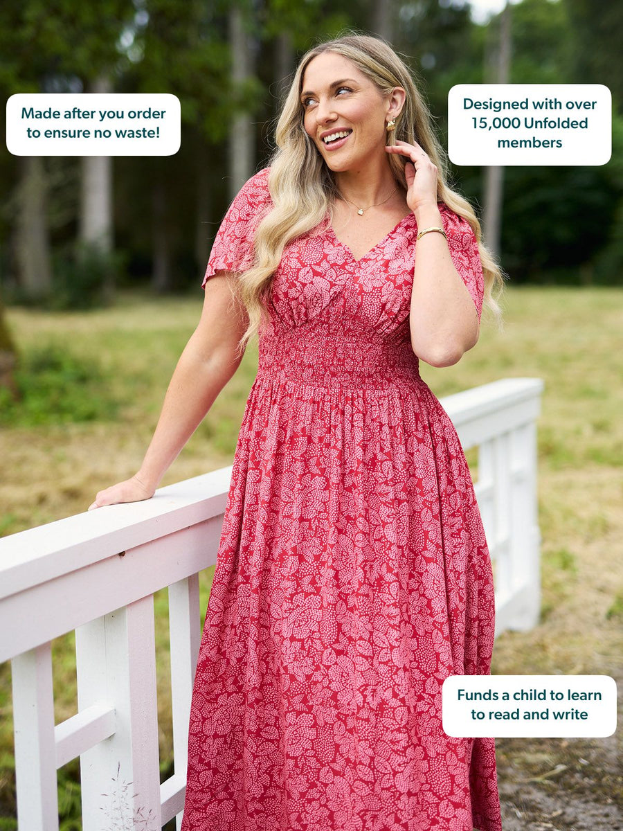 Maddie Short Angel Sleeve Dress -  Red & Pink Abstract Flower Print