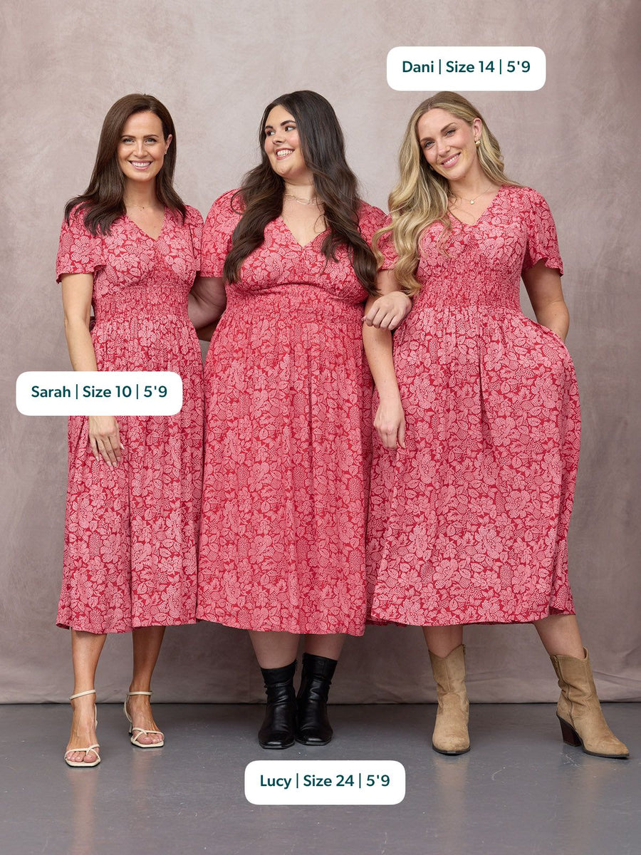 Maddie Short Angel Sleeve Dress -  Red & Pink Abstract Flower Print