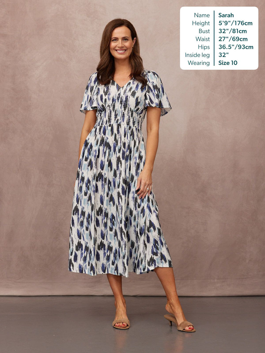 Maddie Short Sleeve Dress - Navy Ikat Print