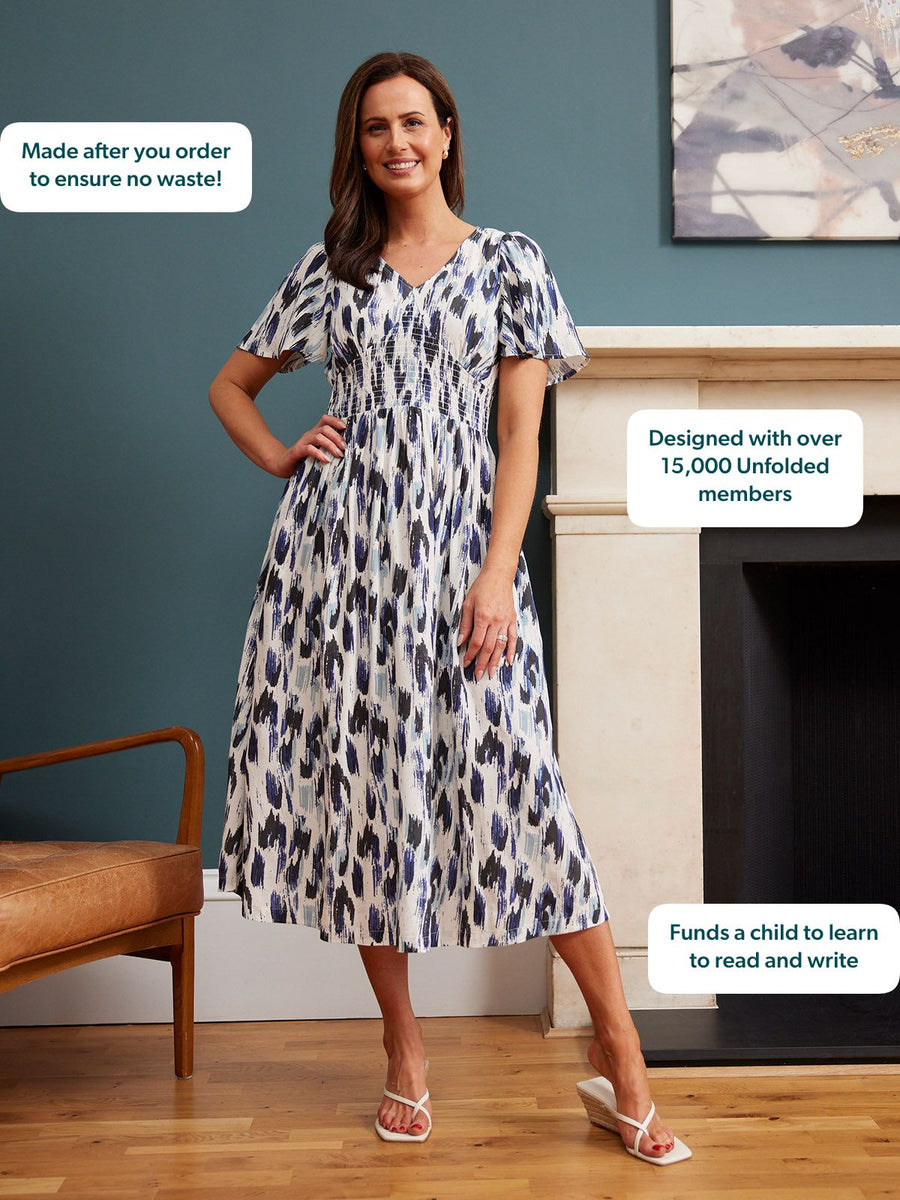 Maddie Short Sleeve Dress - Navy Ikat Print