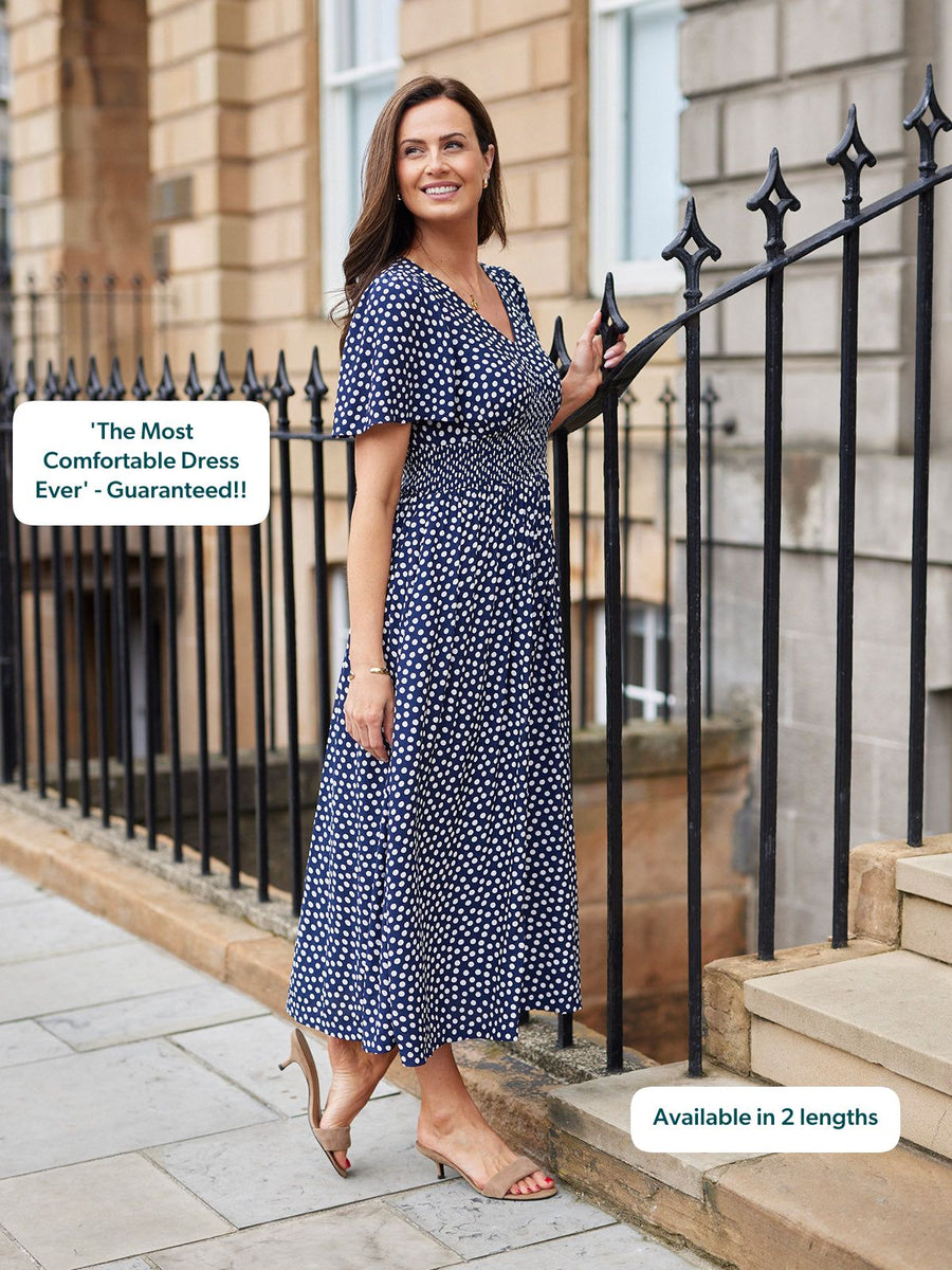 Maddie Short Sleeve Dress - Navy Polka Dot Print This is Unfolded Maddie Short Sleeve Dress - Navy Polka Dot Print This is Unfolded