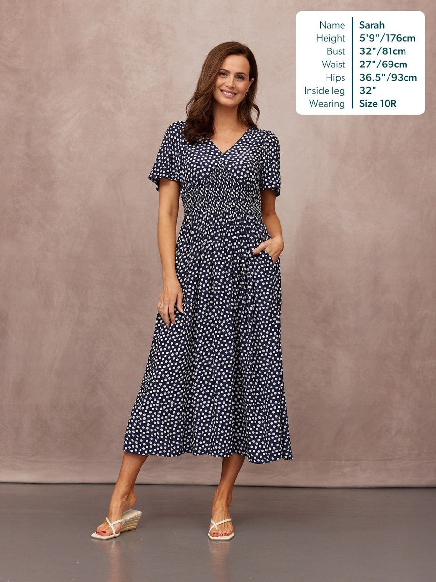 Maddie Short Sleeve Dress - Navy Polka Dot Print This is Unfolded Maddie Short Sleeve Dress - Navy Polka Dot Print This is Unfolded