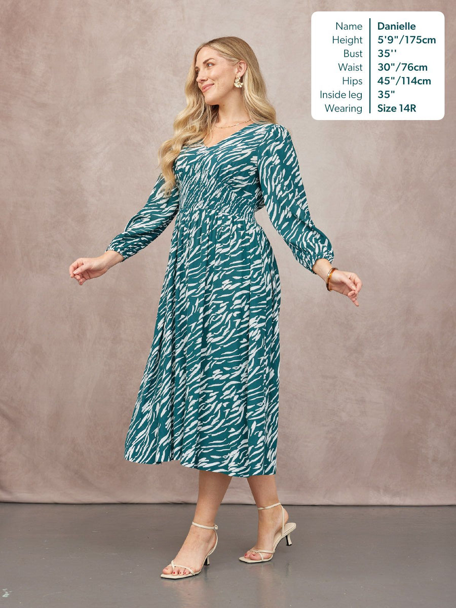 Maddie V-Neck Long Sleeve Dress - Abstract Animal Green & Ecru Print