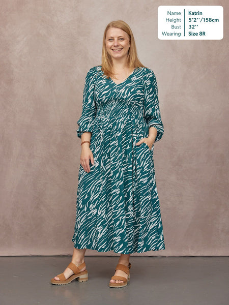 Maddie V-Neck Long Sleeve Dress - Abstract Animal Green & Ecru Print