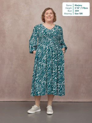 Maddie V-Neck Long Sleeve Dress - Abstract Animal Green & Ecru Print