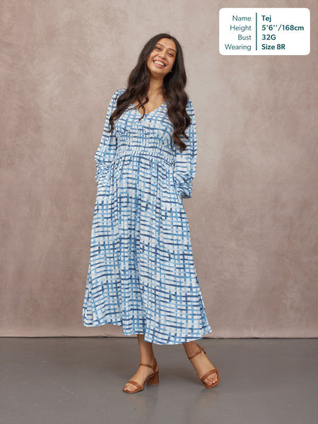 Maddie V-Neck Long Sleeve Dress - Geometric Blue & White Print
