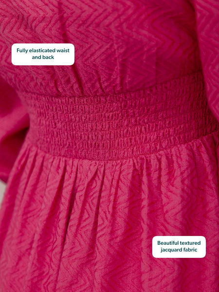 Maddie V-Neck Long Sleeve Jacquard Dress - Dark Pink