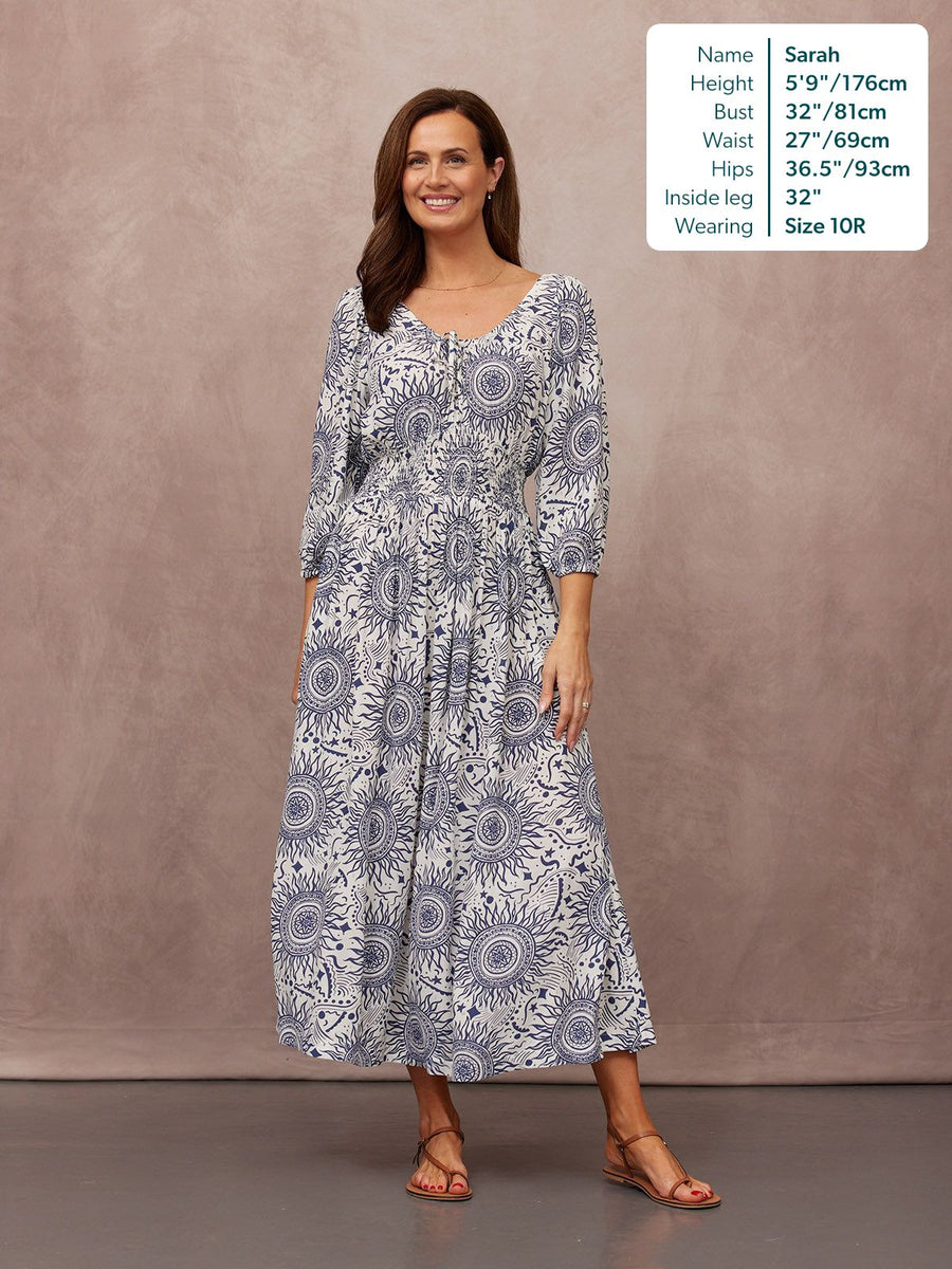 Marisol Round Neck Shirred Dress - Ecru & Blue Sun Print