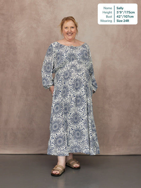 Marisol Round Neck Shirred Dress - Ecru & Blue Sun Print