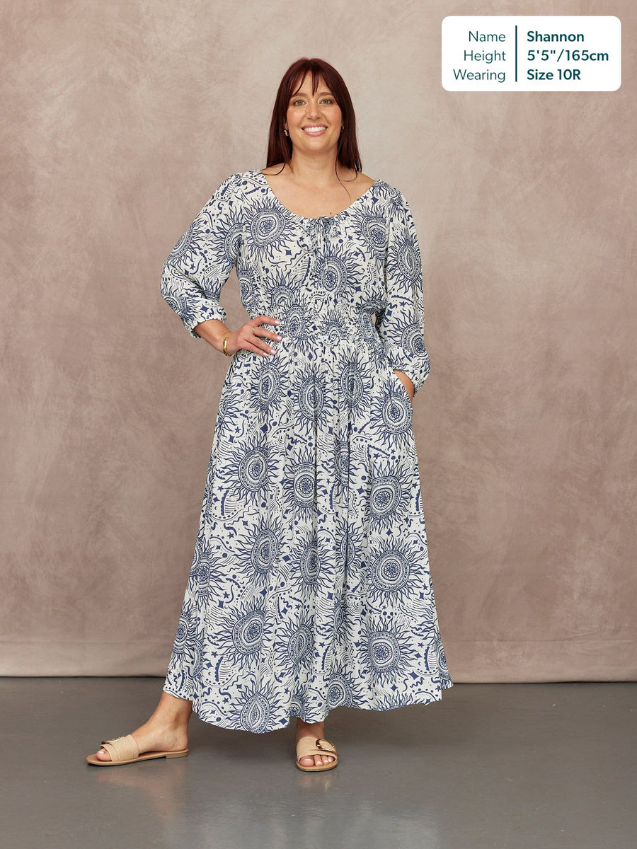 Marisol Round Neck Shirred Dress - Ecru & Blue Sun Print