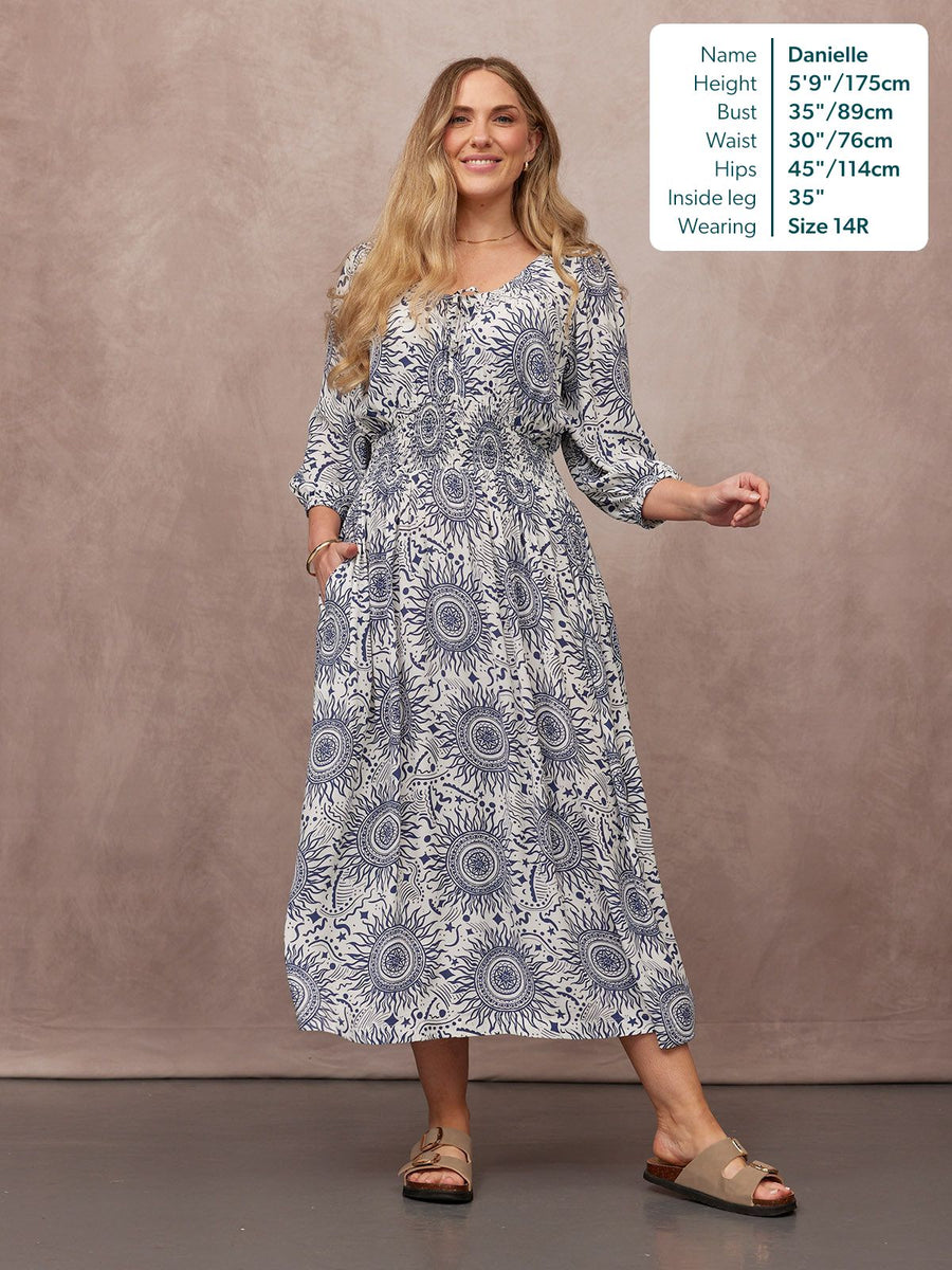 Marisol Round Neck Shirred Dress - Ecru & Blue Sun Print