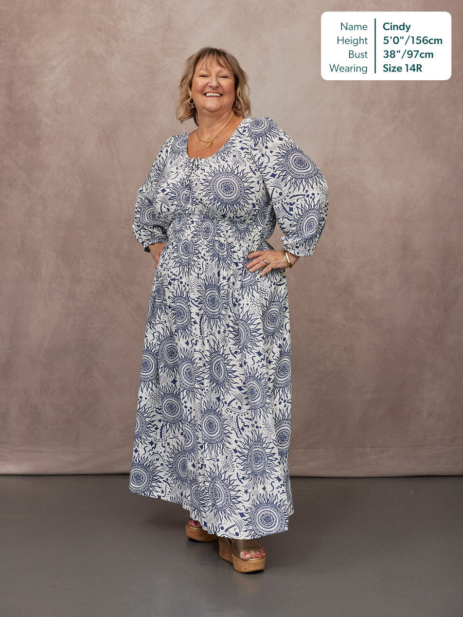 Marisol Round Neck Shirred Dress - Ecru & Blue Sun Print