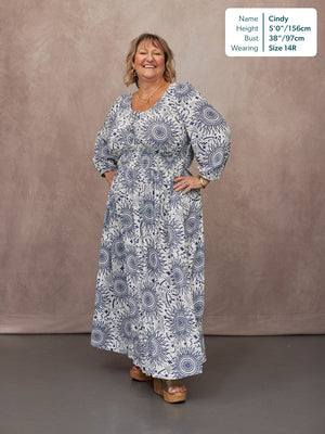 Marisol Round Neck Shirred Dress - Ecru & Blue Sun Print