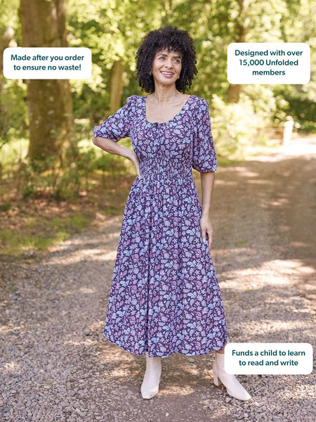Marisol Scoop Neck Tie Waist Shirred Dress - Navy Floral