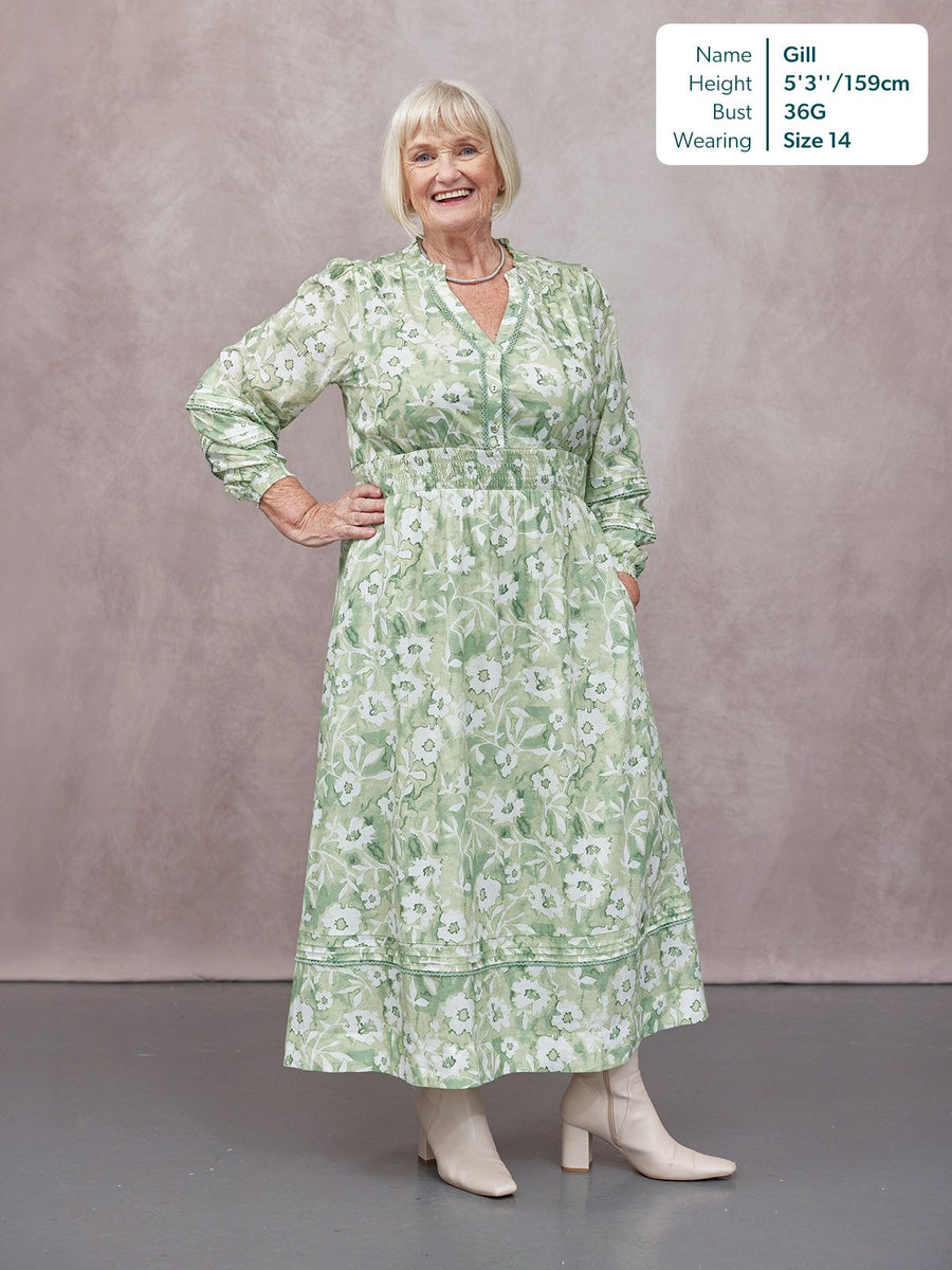 May Long Sleeve Shirred Neckline Dress - Green & White Watercolour Floral Print