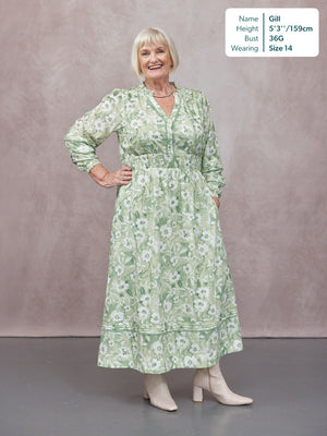 May Long Sleeve Shirred Neckline Dress - Green & White Watercolour Floral Print
