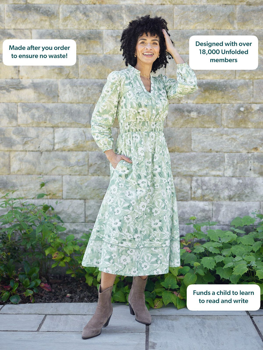 May Long Sleeve Shirred Neckline Dress - Green & White Watercolour Floral Print