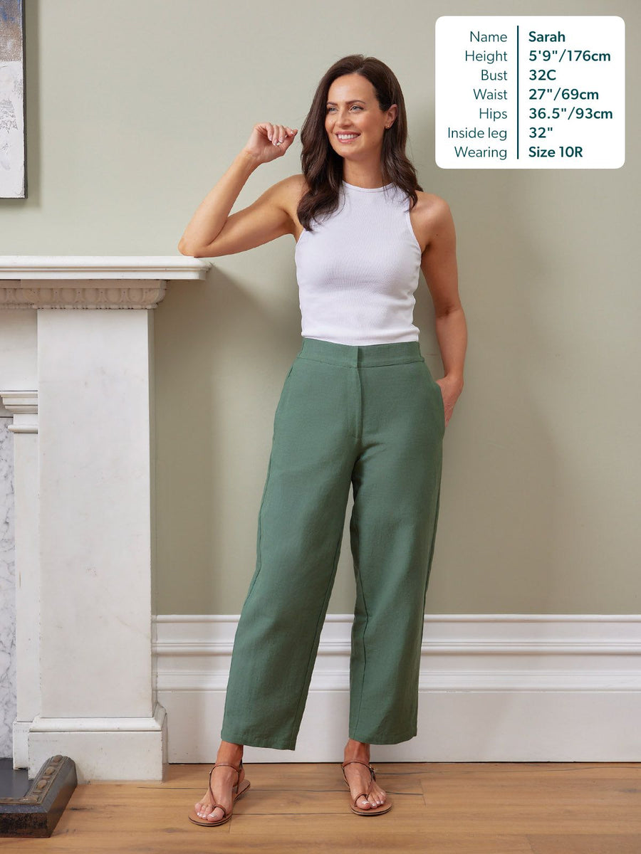 Myrtle Barrel Leg Trouser in sage green, high-waist wide leg, worn with white halter top and tan sandals indoors
