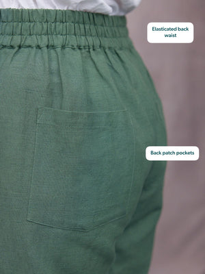 Myrtle Barrel Leg Trouser in green linen, close-up of back showing elasticated waist and patch pocket