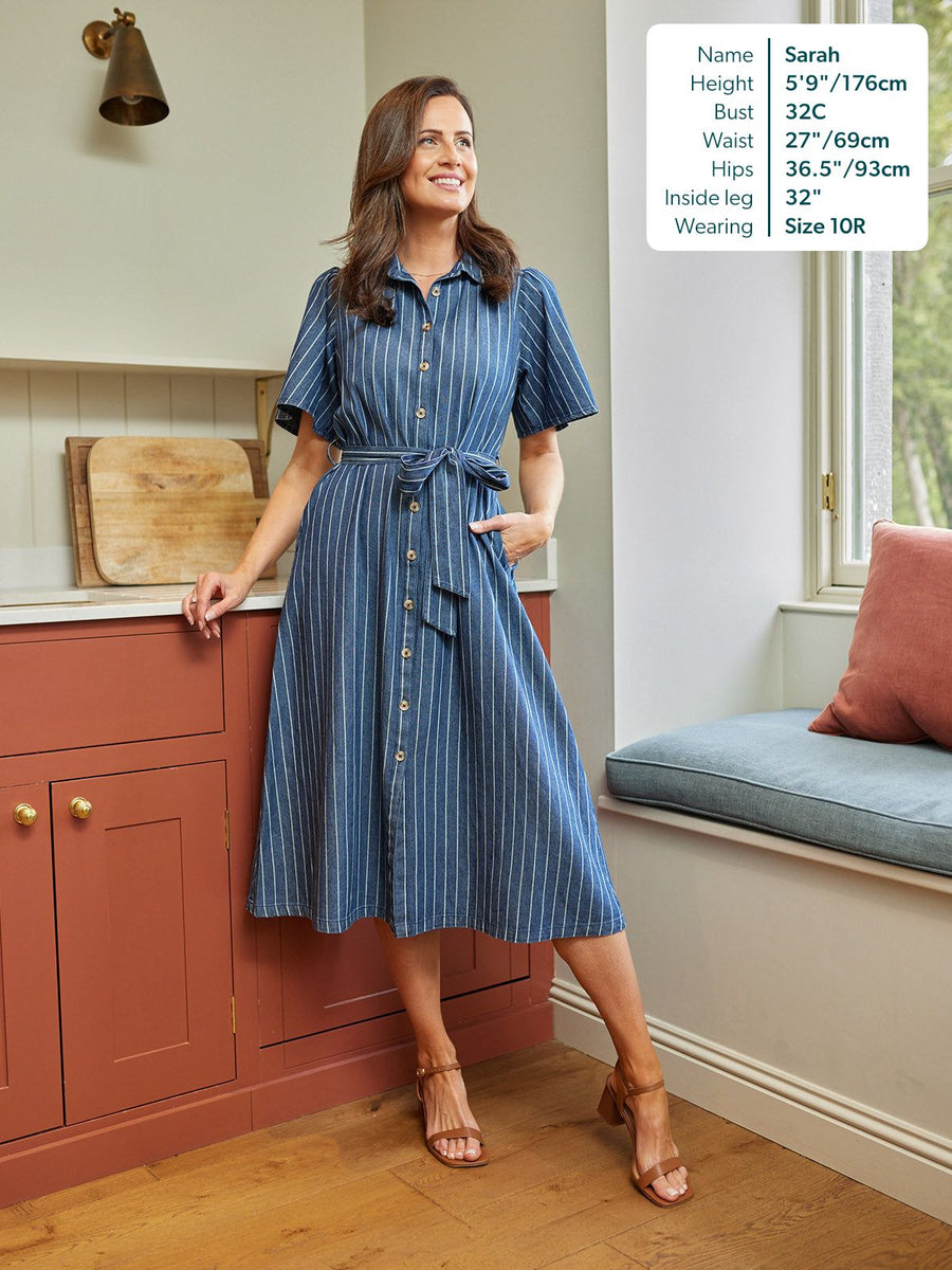 Model wearing a blue pinstripe midi shirt dress with short sleeves, button front, and tie belt, styled with tan heeled…