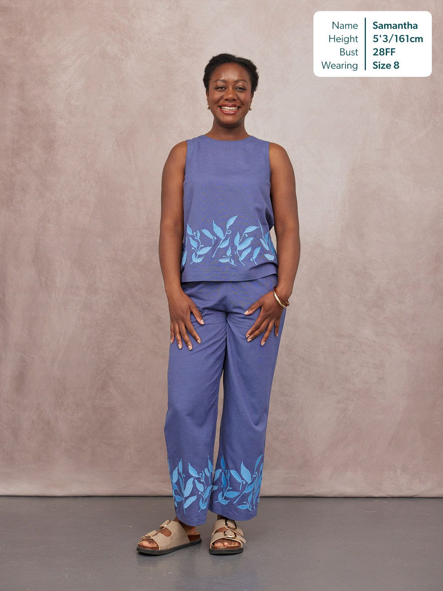 Co-Ord Embroidered Top & Trouser Bundle in blue with floral leaf print hem, worn by Samantha, size 8, 5'3"