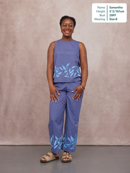 Co-Ord Embroidered Top & Trouser Bundle in blue with floral leaf print hem, worn by Samantha, size 8, 5'3"