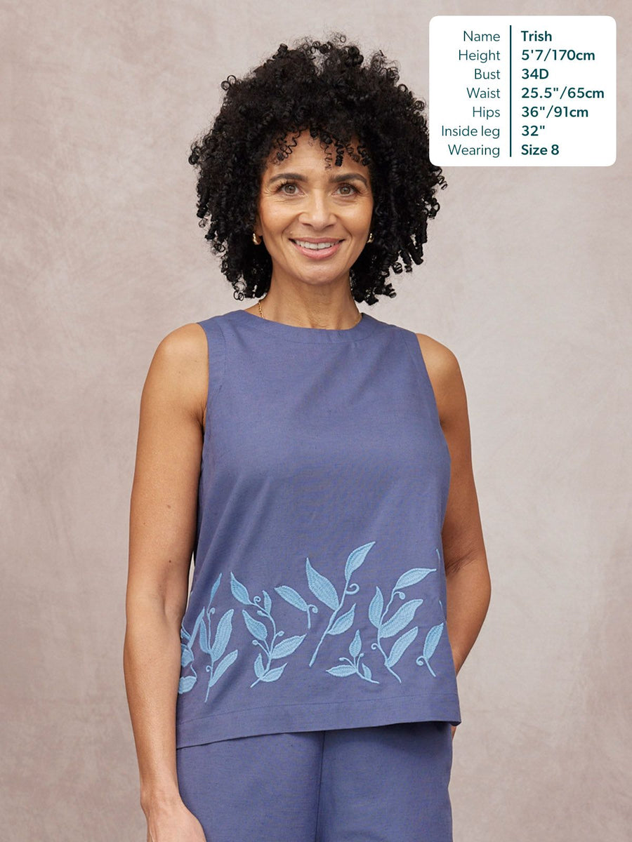 Co-Ord Embroidered Top & Trouser Bundle in blue, sleeveless round neck top with leaf embroidery hem, worn as a set