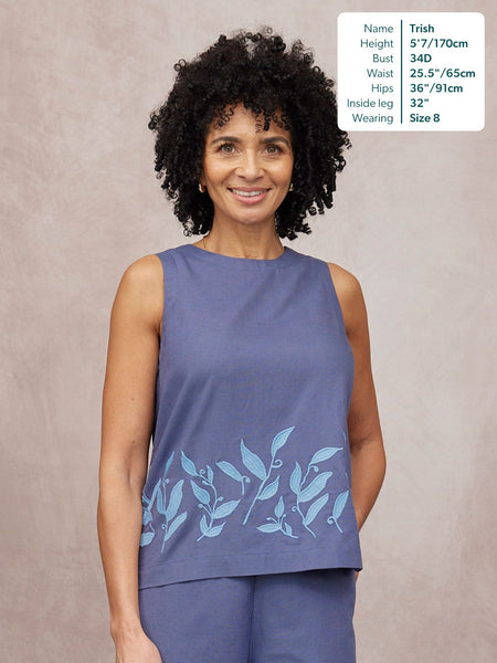 Co-Ord Embroidered Top & Trouser Bundle in blue, sleeveless round neck top with leaf embroidery hem, worn as a set