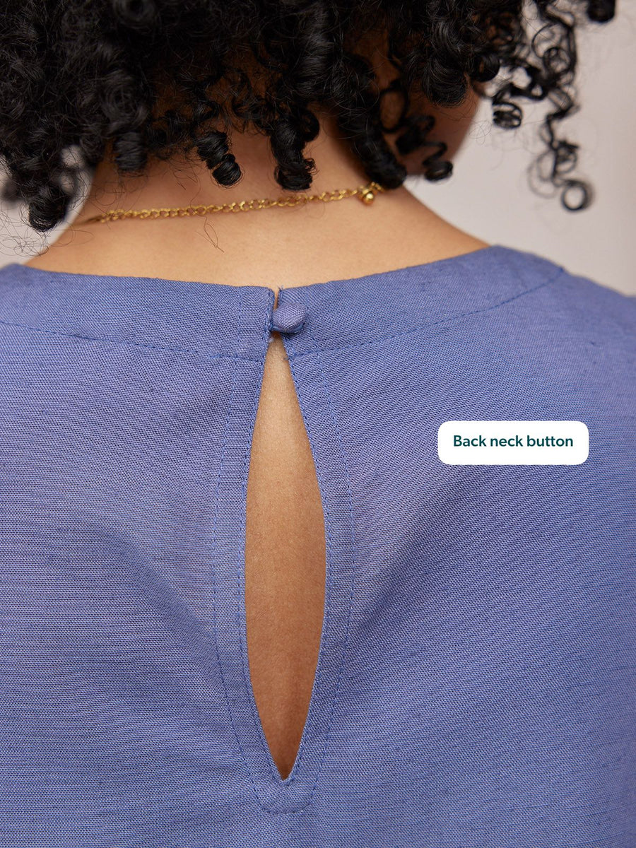 Co-Ord Embroidered Top & Trouser Bundle Violet & Verity in blue, rear view showing keyhole back neck button detail