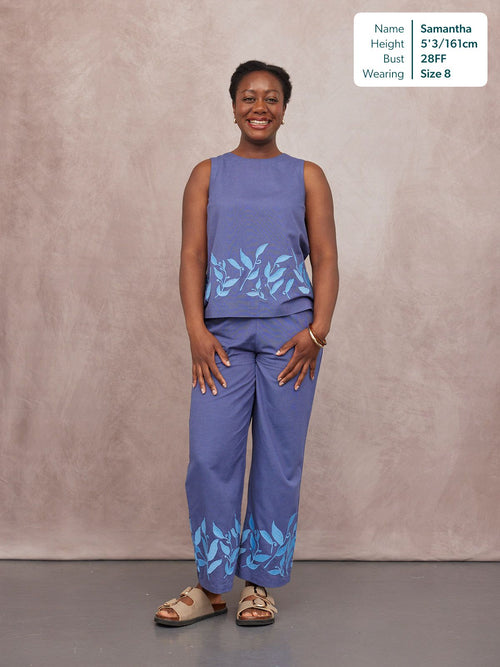 Co-Ord Embroidered Top & Trouser Bundle Violet & Verity in blue with floral leaf print hem, worn by Samantha, size 8