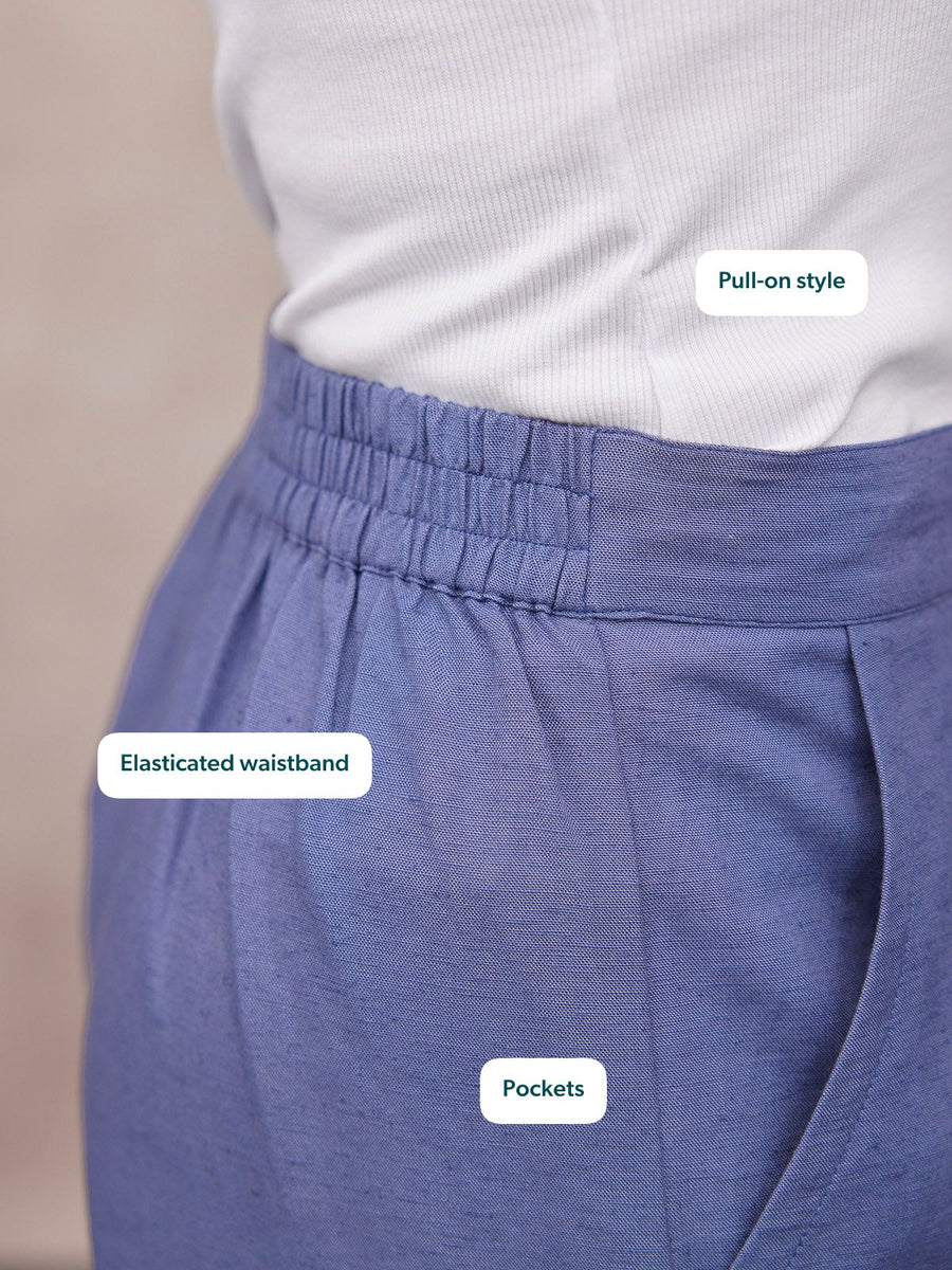 Violet & Verity Blue Co-Ord Trouser close-up showing elasticated waistband, pull-on style and side pockets