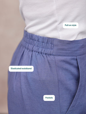 Violet & Verity Blue Co-Ord Trouser close-up showing elasticated waistband, pull-on style and side pockets