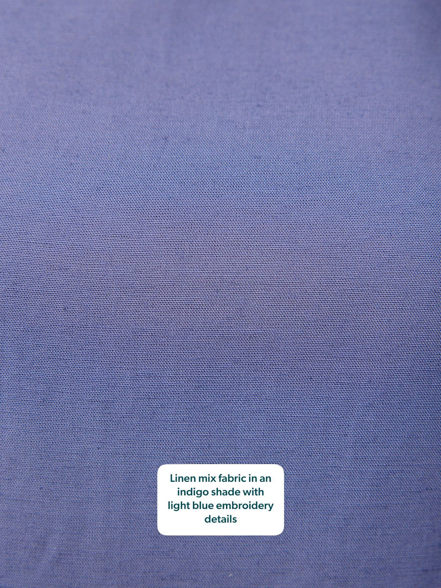 Co-Ord Embroidered Top & Trouser Bundle by Violet & Verity – close-up of indigo linen mix fabric with light blue embroidery