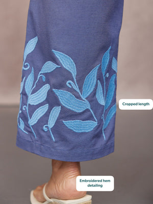 Co-Ord Embroidered Trouser Bundle in blue, cropped length with light blue leaf embroidered hem detailing