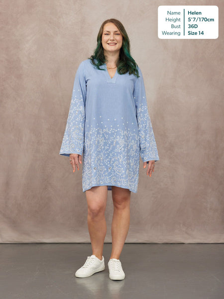 Jess Embroidered Tunic Dress - Blue & White
