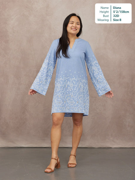 Jess Embroidered Tunic Dress - Blue & White
