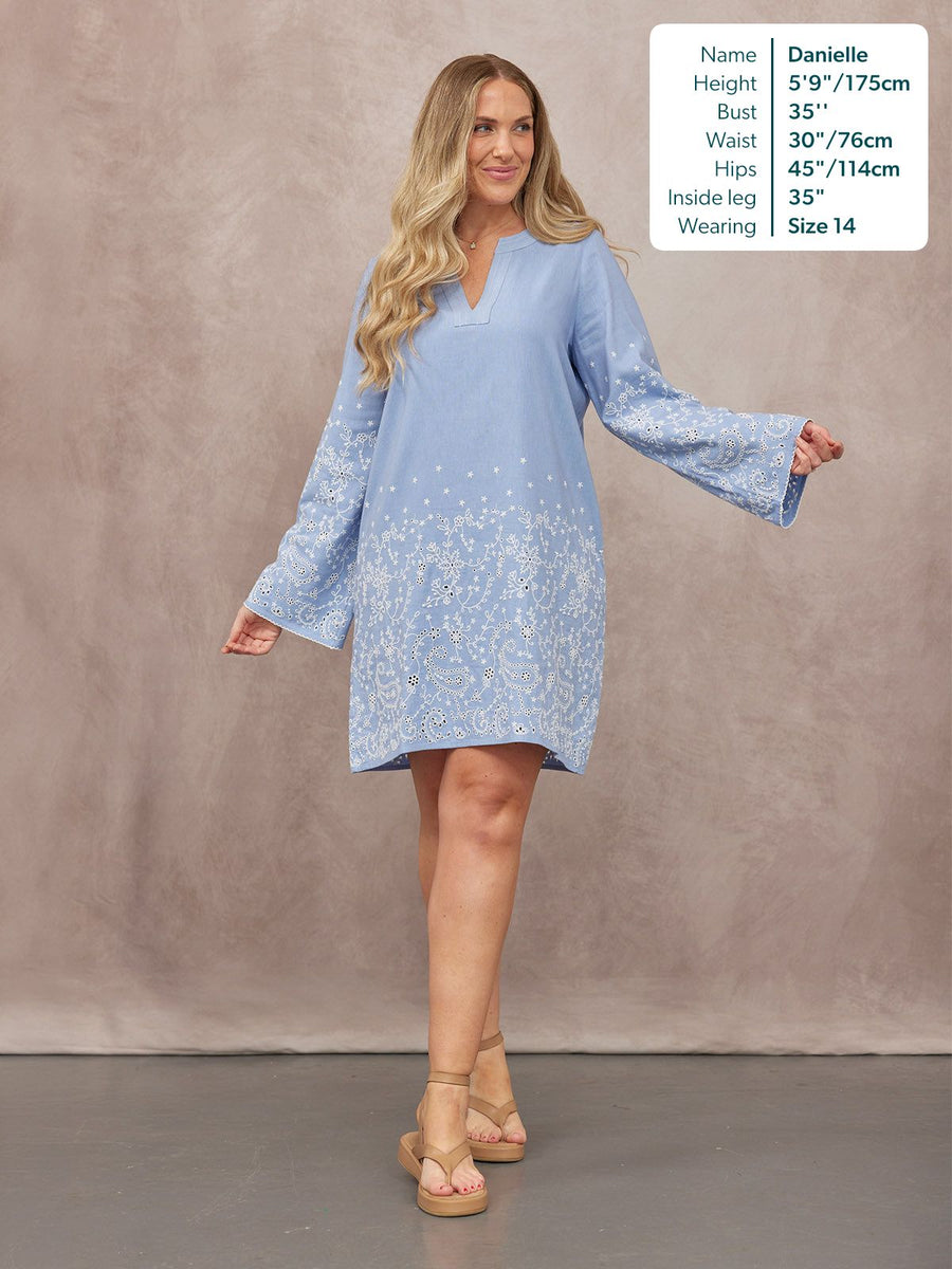 Jess Embroidered Tunic Dress - Blue & White