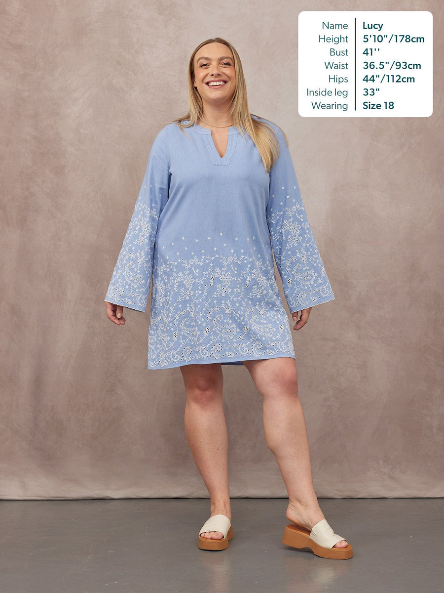 Jess Embroidered Tunic Dress - Blue & White
