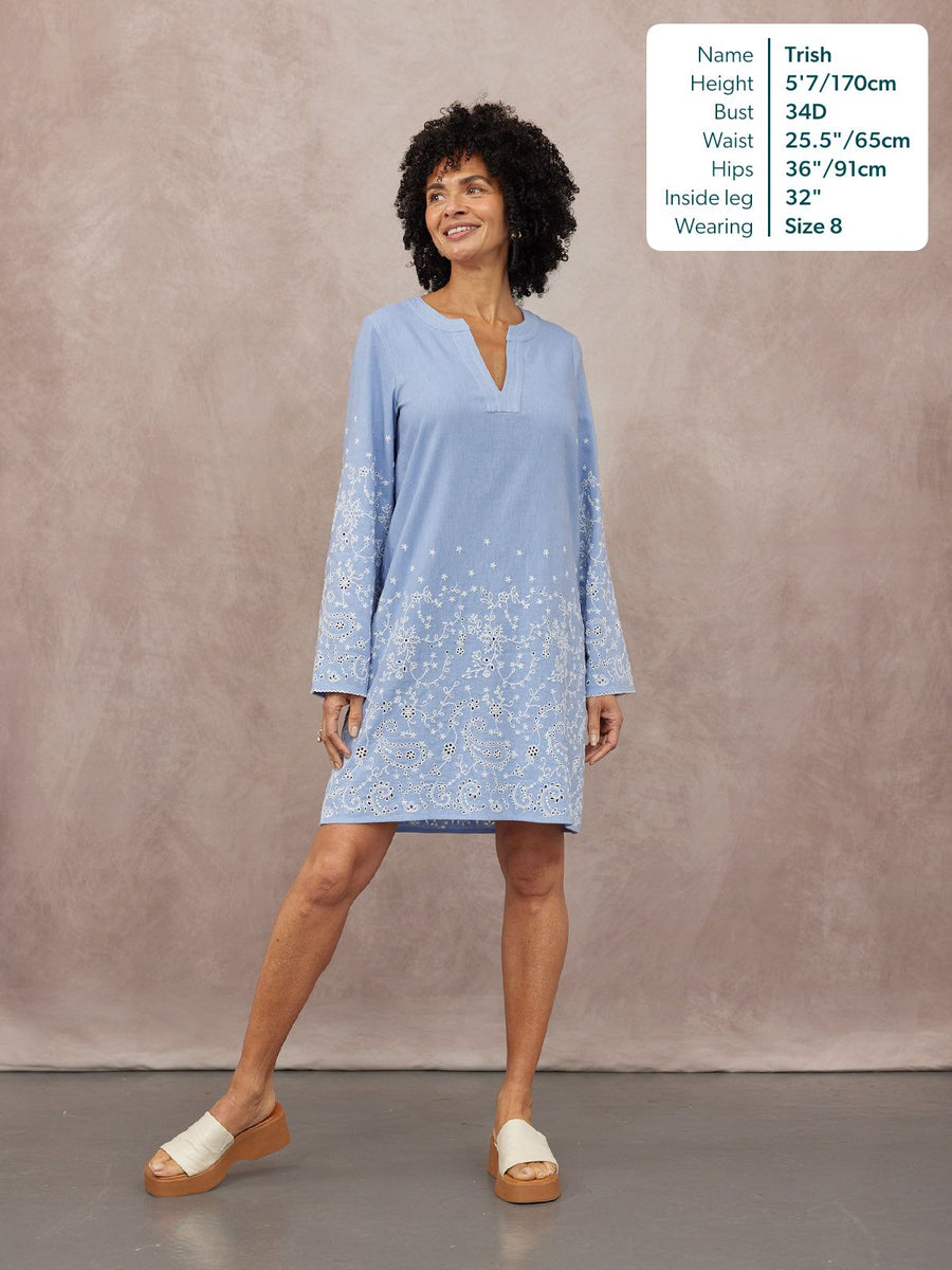 Jess Embroidered Tunic Dress - Blue & White