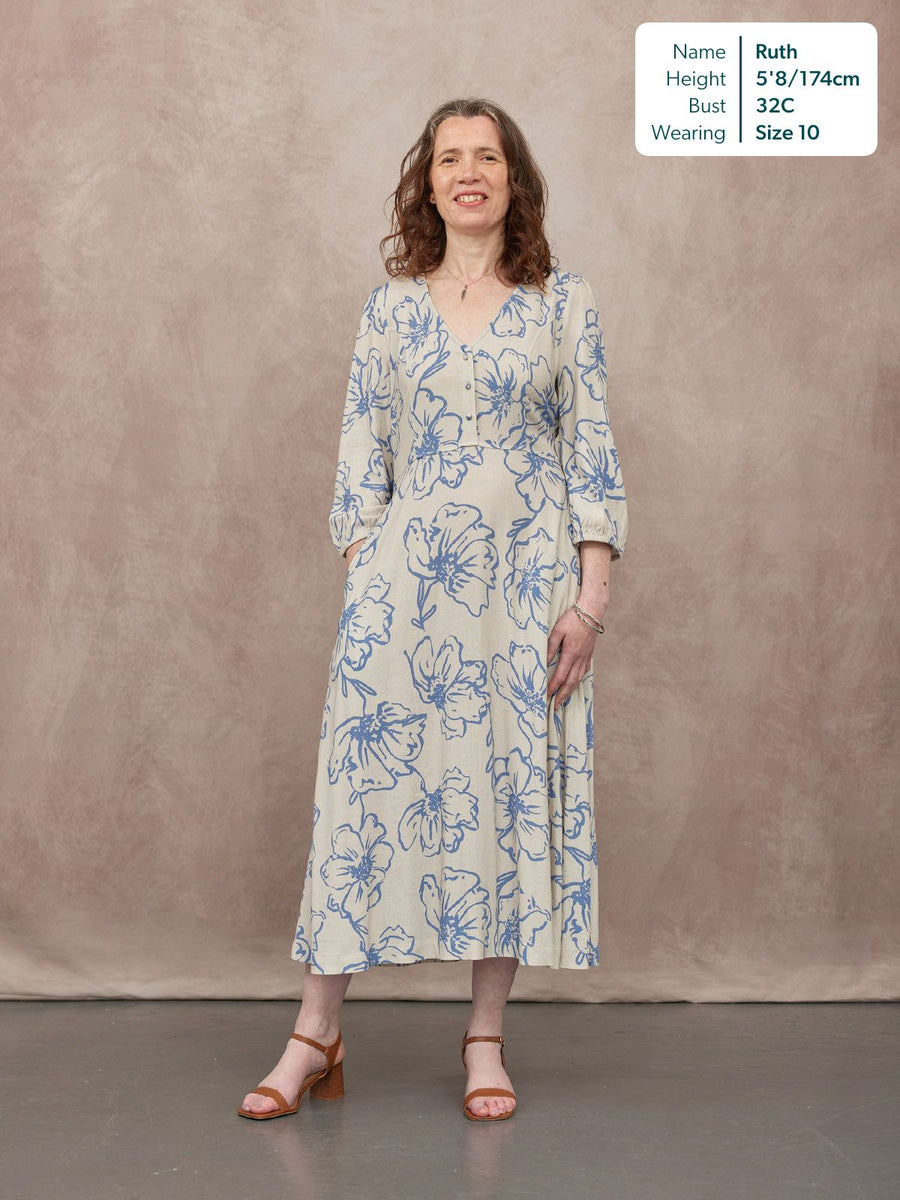 Hilary Printed Linen Mix Dress - Blue Floral