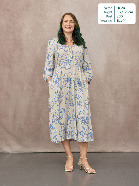 Hilary Printed Linen Mix Dress - Blue Floral