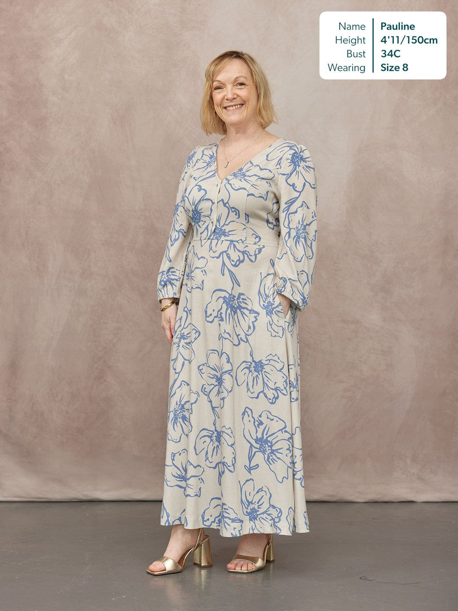 Hilary Printed Linen Mix Dress - Blue Floral