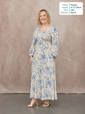 Hilary Printed Linen Mix Dress - Blue Floral